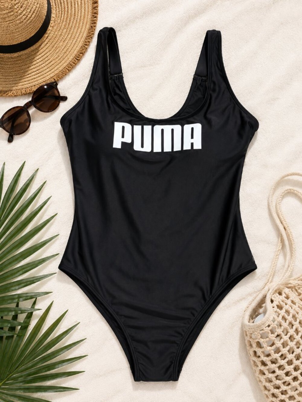 Puma Size XXL Black Logo One Piece Swimsuit Athletic Bathing Suit NWT